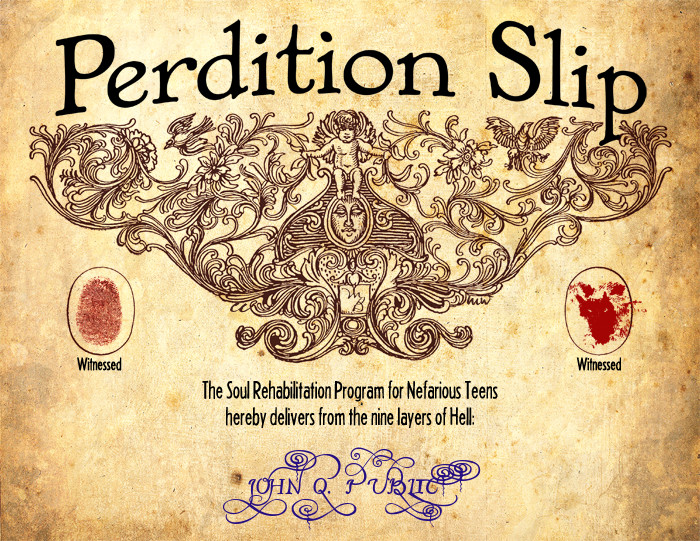 The Soul Rehabilitation Program for Nefarious Teens hereby delivers from the nine layers of Hell: