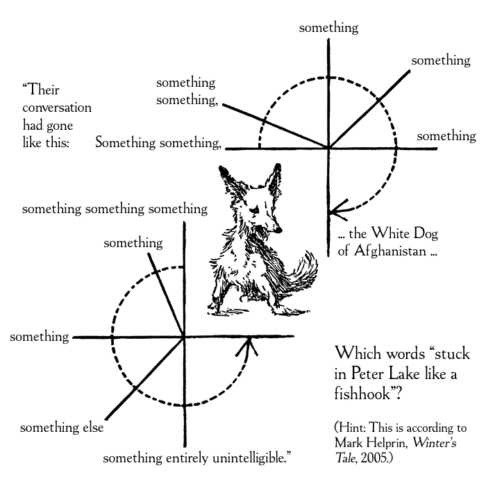 Their conversation had gone like this: Something something, ... the White Dog of Afghanistan ... something entirely unintelligible (from Mark Helprin, Winter's Tale, 2005)